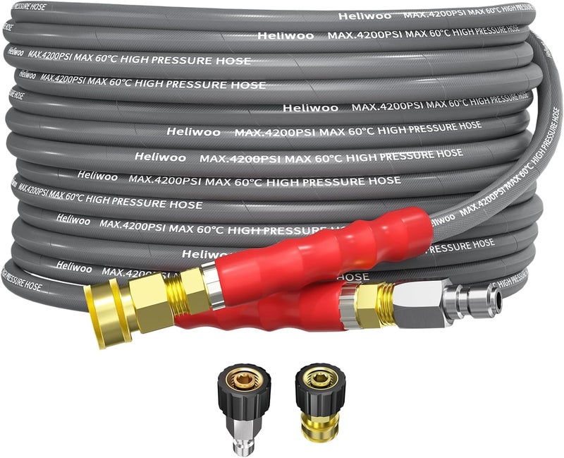 Heliwoo Pressure Washer Hose 25FT, 4200PSI High Tensile Wire Braid Kink Resistant Power Washer Extension Hose, 1/4'' Flexible Replacement Hose with M22-14mm Brass Swivel Thread and 3/8 Quick Connect - Image 1